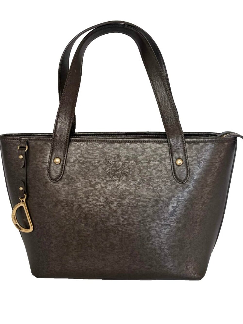Polo Ralph Lauren Newbury Tote Bag Brown Leather Gold Hardware Embossed Crest